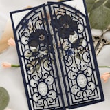 "Navy, Art Deco, Laser Cut Invitation Jacket, Qty 10" - Invitation Jackets and Overlays in blue by The Savage Label
