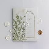 "Moss green English botanical garden floral printed vellum wrap for 5x7 card | pack of 10" - Invitation Jackets and Overlays in green by Ivory Invitations
