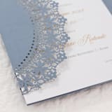 "Dusty Blue Lace Laser Cut Jacket for 5x7 Card | Set of 10 | Envelopes Included" - Invitation Jackets and Overlays in blue by Self Stationery