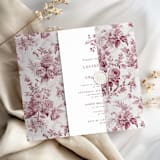 "Burgundy Toile Vellum Jacket for 5 x 7 Wedding Invitations (Set of 10)" - Invitation Jackets and Overlays in red by Caroline Russo
