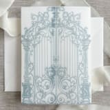 "Dusty blue ornamental gate vellum jacket for invitations | Set of 10" - Invitation Jackets and Overlays in blue by Orchid Studio