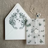 "Forest green French roses lace floral printed vellum wrap for 5x7 card | pack of 10" - Invitation Jackets and Overlays in green by Ivory Invitations