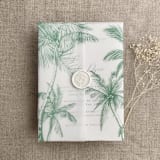 "Palm trees beach side sage printed vellum wrap for 5x7 card | pack of 10" - Invitation Jackets and Overlays in green by Ivory Invitations