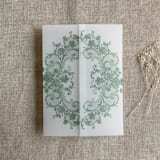 "Sage La belle rose lace printed vellum wrap for 5x7 card | pack of 10" - Invitation Jackets and Overlays in green by Ivory Invitations