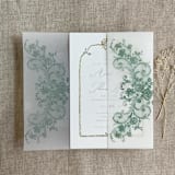 "Sage La belle rose lace printed vellum wrap for 5x7 card | pack of 10" - Invitation Jackets and Overlays in green by Ivory Invitations