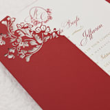 "Custom Laser Cut Cover with Names and Flowers Motif | Set of 10 | Envelopes Included" - Invitation Jackets and Overlays in red by Self Stationery