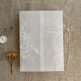"White ink print etched grand peony floral printed vellum wrap for 5x7 card  | pack of 10" - Invitation Jackets and Overlays in white by Ivory Invitations