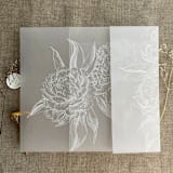 "White ink print etched grand peony floral printed vellum wrap for 5x7 card  | pack of 10" - Invitation Jackets and Overlays in white by Ivory Invitations