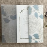 "Antique Hydrangea flower steel blue leaf printed vellum wrap for 5x7 card | pack of 10" - Invitation Jackets and Overlays in blue by Ivory Invitations