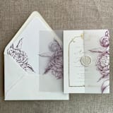 "Mulberry etched grand peony floral printed vellum wrap for 5x7 card  | pack of 10" - Invitation Jackets and Overlays in purple by Ivory Invitations
