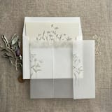 "White finch wild flower branch printed vellum wrap for 5x7 card | pack of 10" - Invitation Jackets and Overlays in white by Ivory Invitations