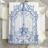 "Blue ornamental gate vellum jacket for invitations | Set of 10" - Invitation Jackets and Overlays in blue by Maria Ferrer G.