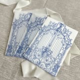 "Blue ornamental gate vellum jacket for invitations | Set of 10" - Invitation Jackets and Overlays in blue by Maria Ferrer G.