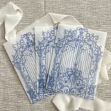 "Blue ornamental gate vellum jacket for invitations | Set of 10" - Invitation Jackets and Overlays in blue by Maria Ferrer G.