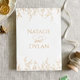 "Custom couple's names and botanicals in faux gold vellum wraps for invitations | Set of 10" - Invitation Jackets and Overlays in gold by Maria Ferrer G.