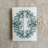 "Forest green La belle rose lace printed vellum wrap for 5x7 card | pack of 10" - Invitation Jackets and Overlays in green by Ivory Invitations