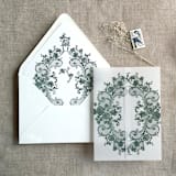 "Forest green La belle rose lace printed vellum wrap for 5x7 card | pack of 10" - Invitation Jackets and Overlays in green by Ivory Invitations