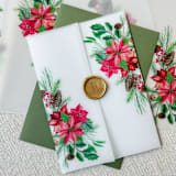 "Poinsettia & Pinecones Vellum Jacket | Set of 10" - Invitation Jackets and Overlays in green by Megan Tendler