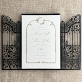 "Black Castle Gate Lasercut Jacket for 5x7 inch Invitation | Pack of 10 | Envelopes Included" - Invitation Jackets and Overlays in black by Ivory Invitations