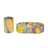 "Hand-Marbled Desk Tray & Pencil Holder Organizer in Rainbow Marbling" - Decorative Storage in yellow by Michelle Pham