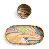 "Hand-Marbled Desk Tray & Pencil Holder Organizer in Rainbow Marbling" - Decorative Storage in yellow by Michelle Pham