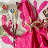"Gold trim linen dinner napkins, bright pink, set of two" - Napkins in pink by Joanna Buchanan