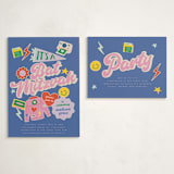 "Retro16" - Mitzvah Reception Cards in Groovy Blues by Vera Lim - With Invitation