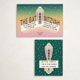 "Bat Mitzvah Theatre Marquee" - Mitzvah Reception Cards in Peony by Becky Nimoy - With Invitation