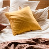 "Cross-Stitch Throw Pillow - Mustard" - Throw Pillows in yellow by Anchal