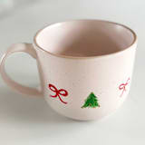 "Hand-Painted Blush Stoneware Mug with Christmas Trees and Bows, Red, Green, Gold Glitter" - Mugs and Teacups in pink by Nicoletta Savod