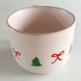 "Hand-Painted Blush Stoneware Mug with Christmas Trees and Bows, Red, Green, Gold Glitter" - Mugs and Teacups in pink by Nicoletta Savod