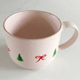 "Hand-Painted Blush Stoneware Mug with Illustrated Christmas Trees and Bows, Red and Green" - Mugs and Teacups in pink by Nicoletta Savod