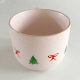 "Hand-Painted Blush Stoneware Mug with Illustrated Christmas Trees and Bows, Red and Green" - Mugs and Teacups in pink by Nicoletta Savod