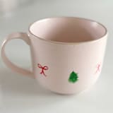 "Hand-Painted Blush Stoneware Mug with Illustrated Christmas Trees and Bows, Red and Green" - Mugs and Teacups in pink by Nicoletta Savod