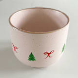 "Hand-Painted Blush Stoneware Mug with Decorative Christmas Bows and Trees, Red and Green" - Mugs and Teacups in pink by Nicoletta Savod