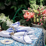 "Damask print tablecloth, blue" - Tablecloths and Runners in blue by Joanna Buchanan