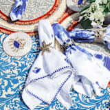 "Damask print tablecloth, blue" - Tablecloths and Runners in blue by Joanna Buchanan