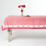 "Lobster Red Gingham Blockprint Tablecloth - 60x90" - Tablecloths and Runners in red by Michelle Pham