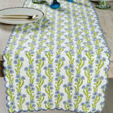 "Forget-Me-Not Scallop Embroidered Blockprint Tablerunner" - Tablecloths and Runners in blue by Inner Child