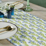 "Forget-Me-Not Scallop Embroidered Blockprint Tablerunner" - Tablecloths and Runners in blue by Inner Child