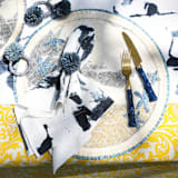 "Damask print tablecloth, yellow" - Tablecloths and Runners in yellow by Joanna Buchanan