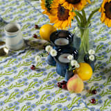 "Forget-Me-Not Scallop Embroidered Blockprint Tablecloth - 60x90" - Tablecloths and Runners in blue by Michelle Pham