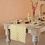 "Mona Scallop Embroidered Blockprint Tablerunner in Butter Yellow" - Tablecloths and Runners in yellow by Inner Child