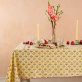 "Mona Scallop Embroidered Blockprint Tablecloth in Butter Yellow - 60x90" - Tablecloths and Runners in yellow by Inner Child