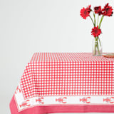 "Lobster Red Gingham Blockprint Tablecloth - 70x120" - Tablecloths and Runners in red by Michelle Pham