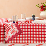 "Lobster Red Gingham Blockprint Tablecloth - 70x120" - Tablecloths and Runners in red by Michelle Pham