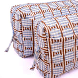 "Striped Circles Blockprint Travel Pouch in Brown and Blue - Large" - Makeup Bag in blue by Inner Child