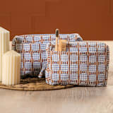 "Striped Circles Blockprint Travel Pouch in Brown and Blue - Large" - Makeup Bag in blue by Inner Child