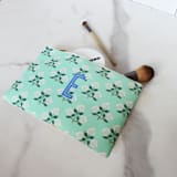 "Custom Flat Zip Pouch - Betsy Green Single Initial" - Makeup Bag in green by Clairebella