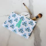 "Custom Flat Zip Pouch - Betsy Blue Single Initial" - Makeup Bag in blue by Clairebella